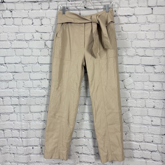 Jonathan Simkhai Tessa Vegan Leather Pants Womens 6 Tie Waist in Egret Khaki - Picture 4 of 16
